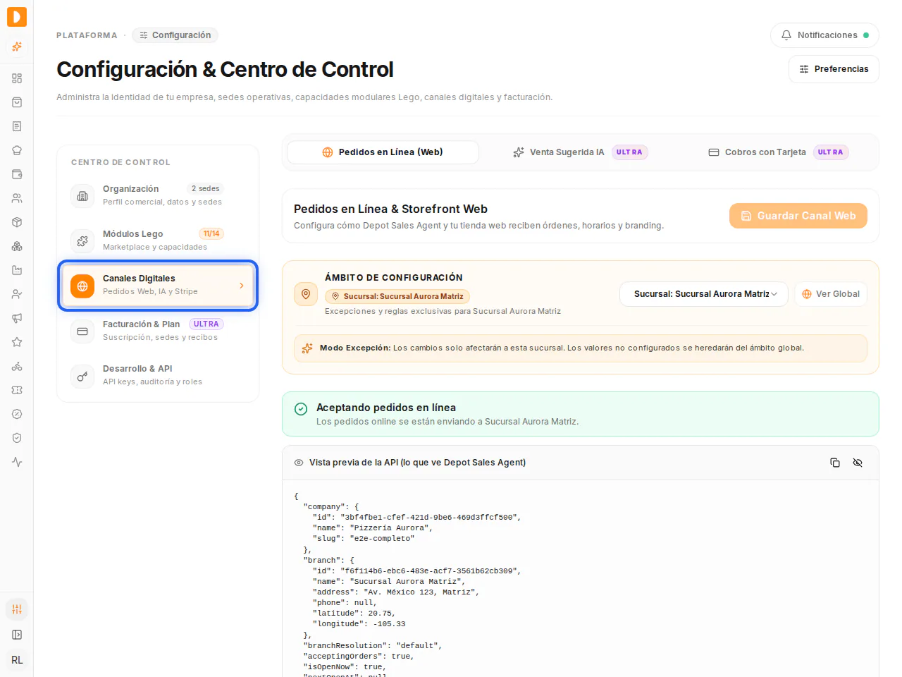 Resaltado en azul, Canales Digitales: ves las pestañas de pedidos web, IA y cobros con tarjeta, el aviso Aceptando pedidos en línea y la vista previa de lo que recibe Depot Sales Agent.