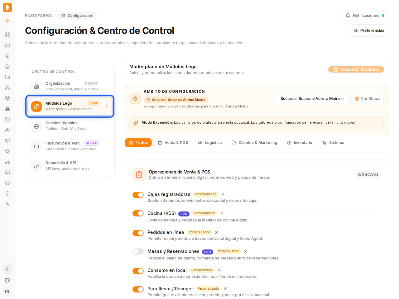 Resaltado en azul, Módulos Lego: muestra el Ámbito de configuración de la sucursal y los interruptores de cada módulo, con la etiqueta Personalizado cuando difiere del valor global.
