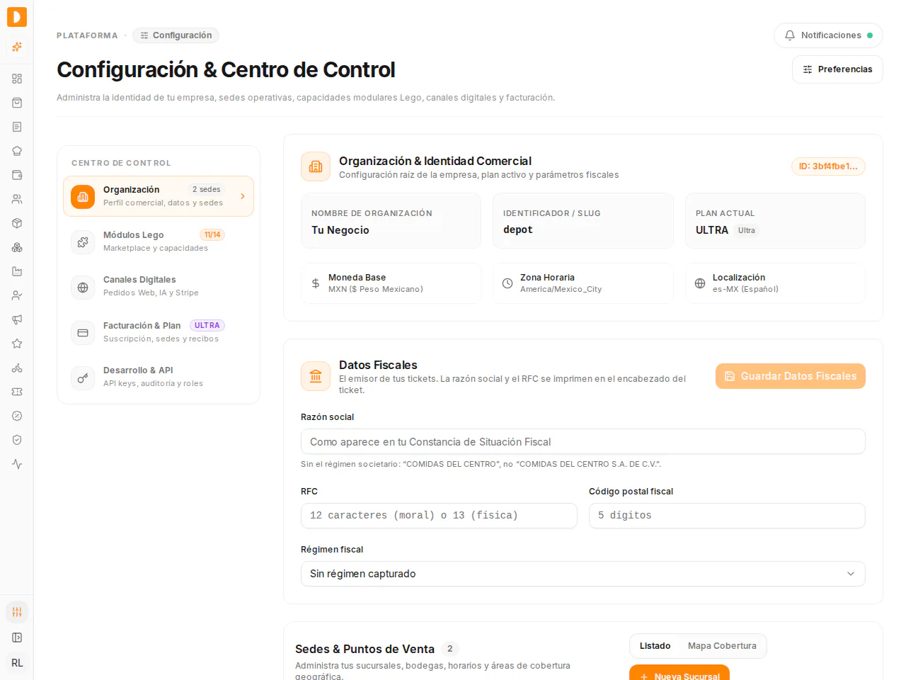 Sección Organización abierta (marcada en naranja en el menú Centro de Control): aquí revisas el nombre, el plan ULTRA, la moneda y capturas tus Datos Fiscales para que salgan en tus tickets.