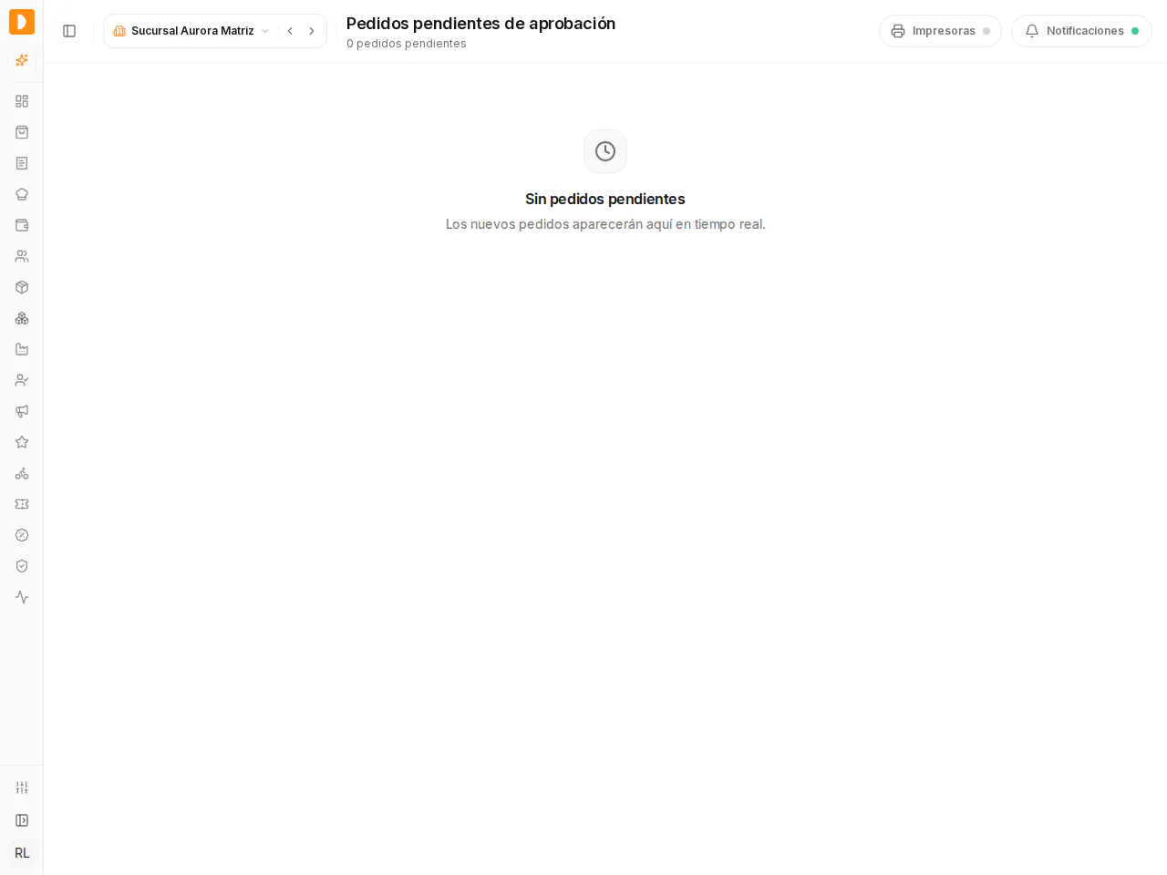 La pantalla Pedidos pendientes de aprobación que se abre desde Revisar pedidos. Aquí aparece Sin pedidos pendientes porque no hay pedidos por aprobar en este momento.
