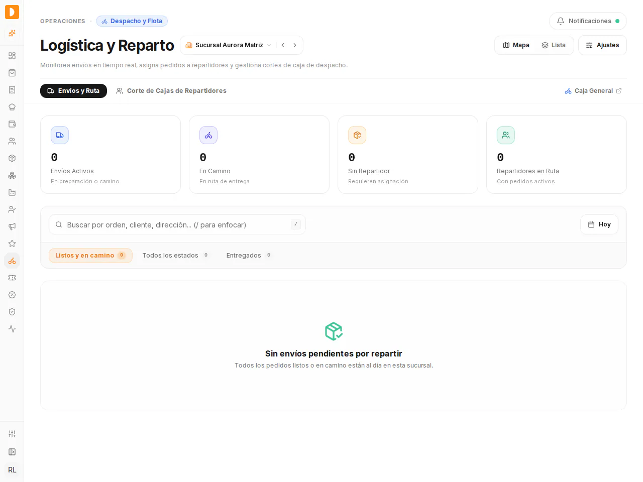 Pestaña Envíos y Ruta de Logística y Reparto: arriba están los contadores de envíos y repartidores, y abajo el buscador y los filtros Listos y en camino, Todos los estados y Entregados para ubicar cualquier pedido.