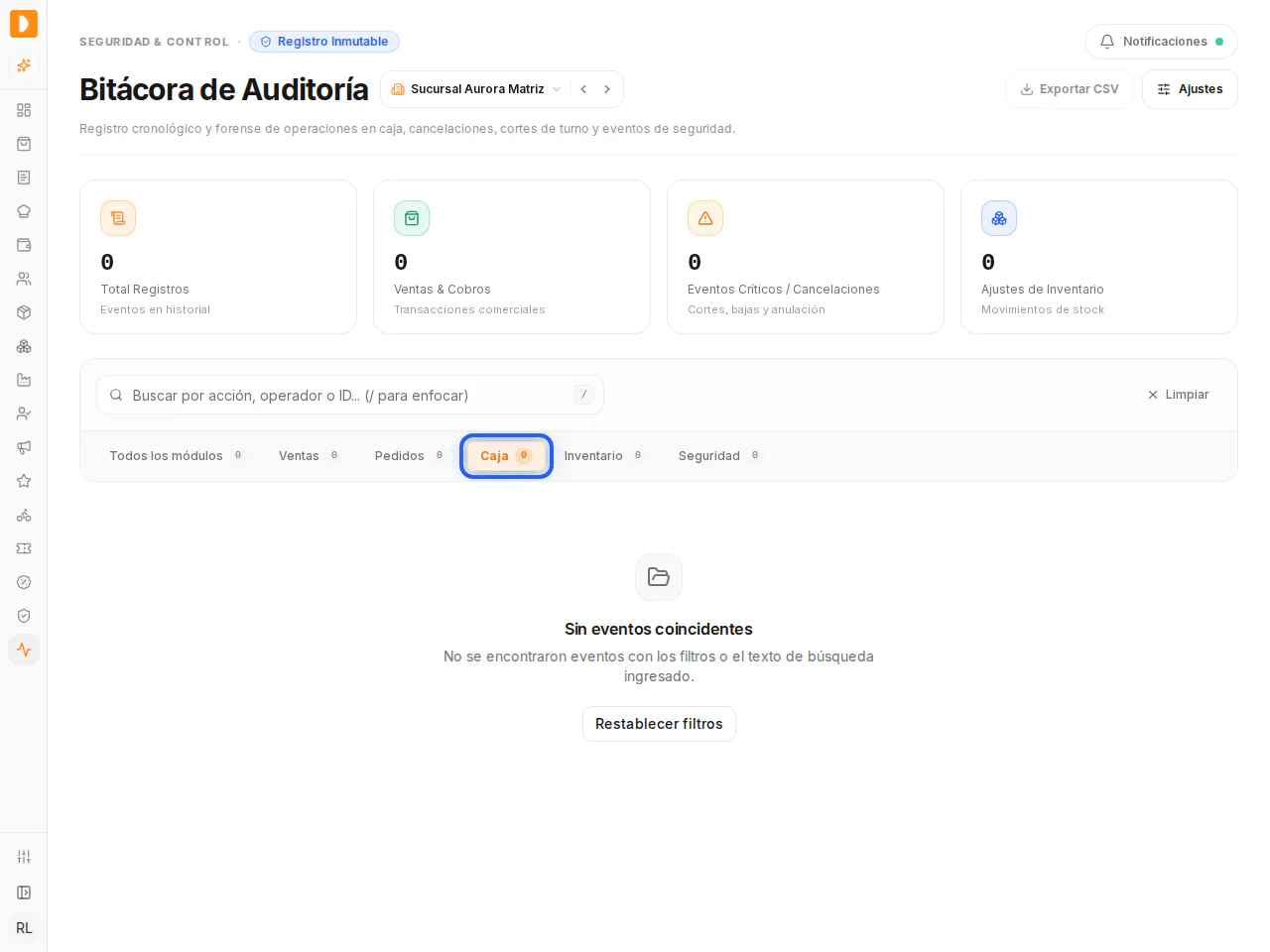 Bitácora filtrada por módulo, con la pestaña Caja resaltada en azul; como no hay eventos de caja aparece Sin eventos coincidentes y puedes regresar a la lista completa con Restablecer filtros o Limpiar.