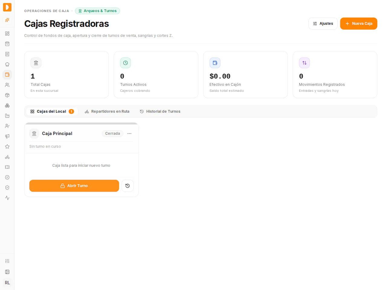 Pantalla Cajas Registradoras con la Caja Principal en estado Cerrada y el botón Abrir Turno, que usas para iniciar el turno de esa caja.