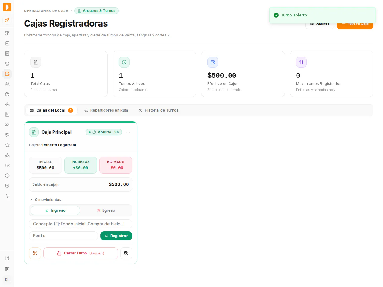 La Caja Principal ya aparece como Abierto, con el cajero, el monto Inicial de $500.00 y el Saldo en cajón, para que confirmes que el turno quedó abierto con el fondo correcto.