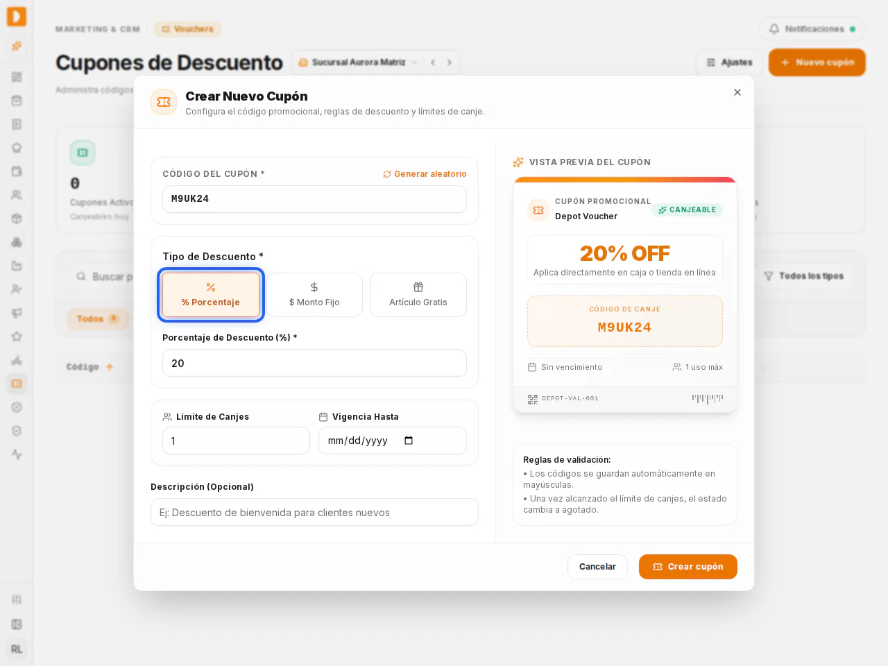 Ventana Crear Nuevo Cupón con el código M9UK24 ya generado y la opción % Porcentaje resaltada en azul; a la derecha ves cómo quedará el cupón (20% OFF) antes de tocar Crear cupón.