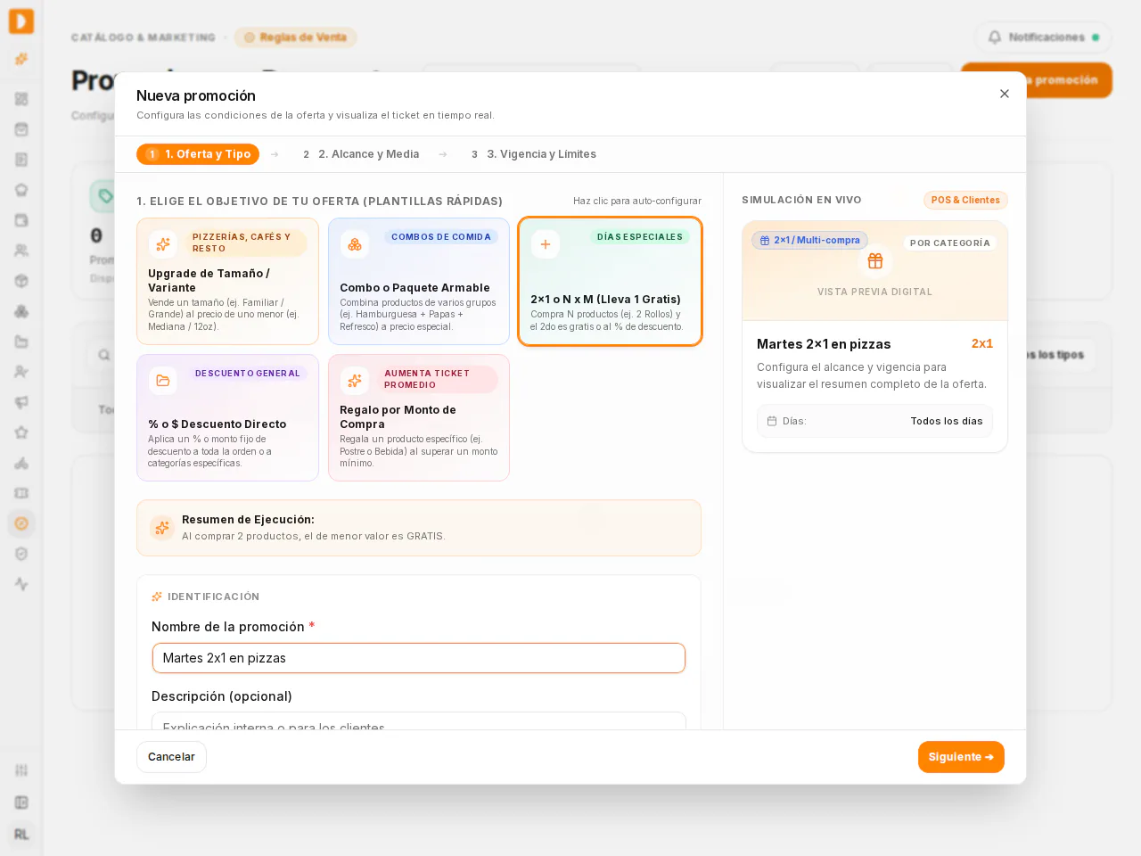 Paso 1. Oferta y Tipo. La plantilla 2×1 o N x M (Lleva 1 Gratis) está marcada con borde naranja y el nombre ya está escrito en Nombre de la promoción. A la derecha puedes revisar en la simulación cómo se verá la oferta.
