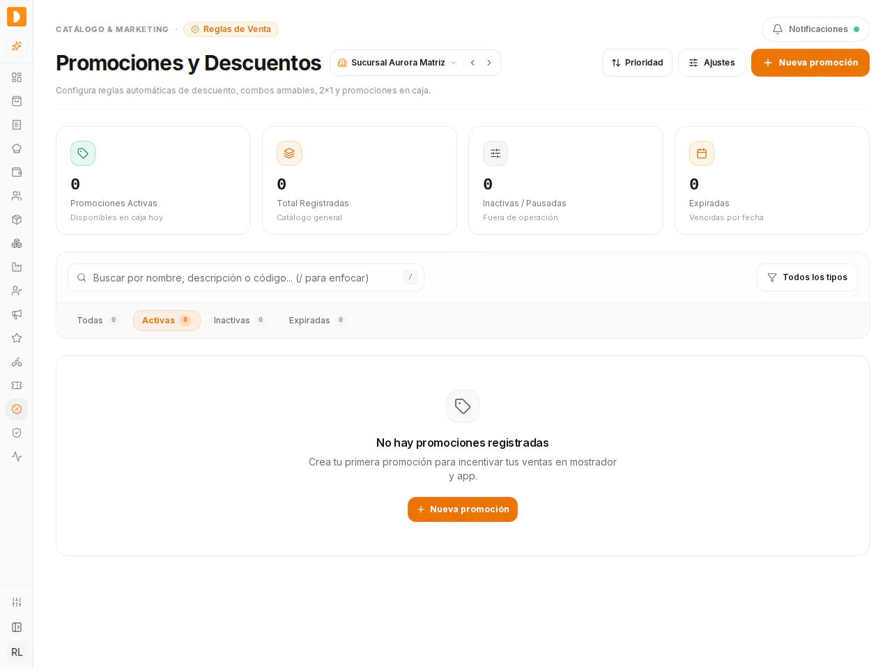 Pantalla Promociones y Descuentos todavía sin promociones registradas. Los contadores están en 0 y hay dos botones naranjas de Nueva promoción: uno arriba a la derecha y otro al centro. Úsalos para empezar.