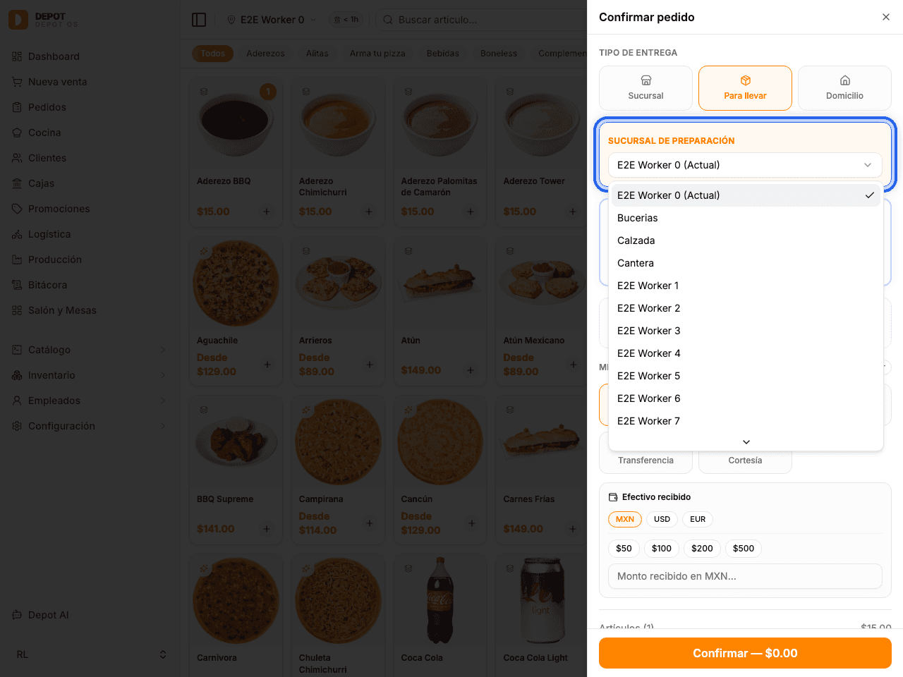 En el checkout de venta, al seleccionar Domicilio o Para Llevar, se despliega el selector de sucursal de preparación (resaltado en azul en la captura) para desviar la orden a otra cocina de la cadena.