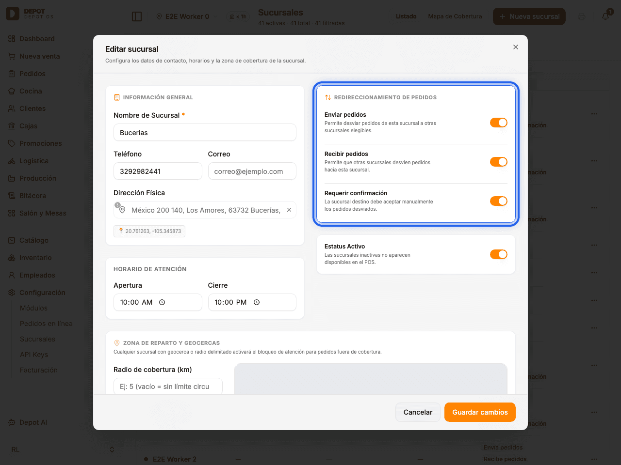 Panel de administración de sucursales mostrando la sucursal activa y la sección de configuración de redireccionamiento (resaltada en azul) para controlar el envío y recepción de pedidos intersucursal.